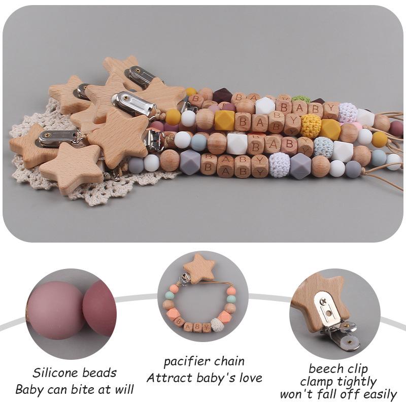 Baby Pacifier Clips Handmade Wood Soother Chew Teethers Toys Dummy Safe Silicone Teething Pacifier Chains Gift