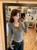 Chic Women's Winter Slim Fit V-Neck Gray Lace Trim T-Shirt