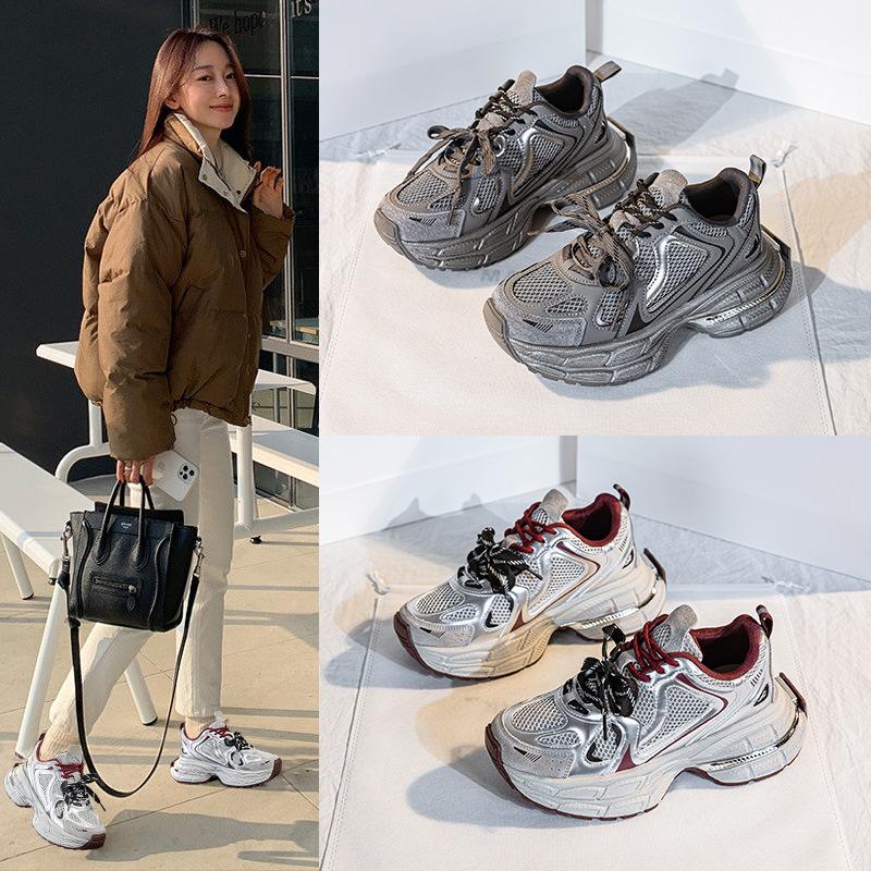 Muffin platform dad shoes women's 2025 autumn new leather splicing breathable wear-resistant casual sports shoes ins tide