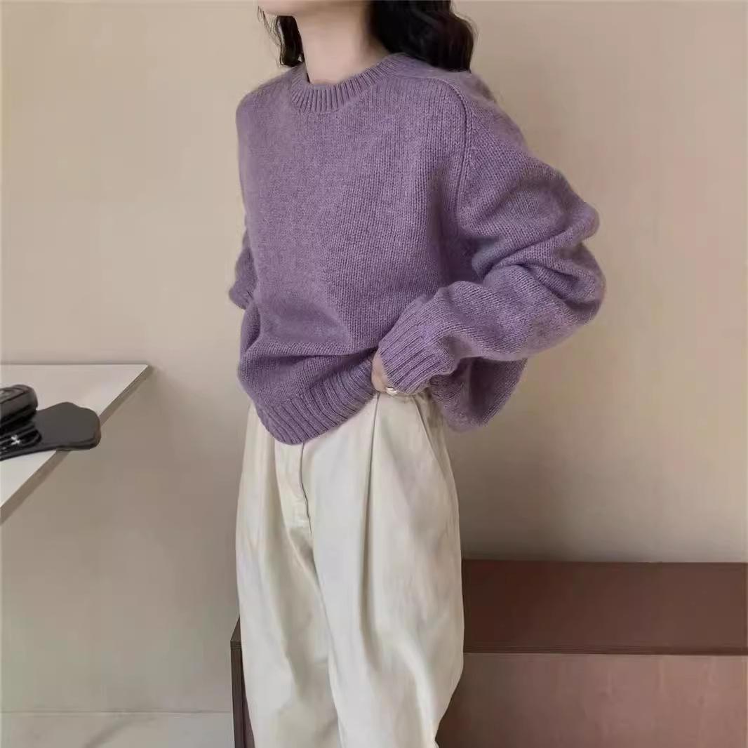 

Корейский стиль Короткий и маленький 100% чистая шерсть Погон Круглый вырез Женский вязаный свитер Свободный и ленивый стиль Свитер Тренд One size fits all фиолетовый