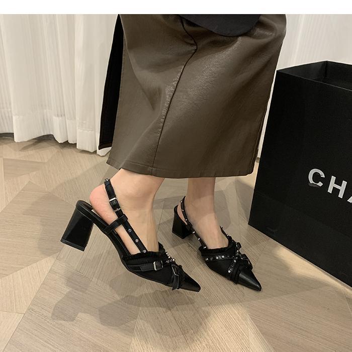 French Retro Single Shoes Women's Spring New Products Pointed Head Western Denim Bag Head Empty Sandals Thick Heel High Heels Look Thin