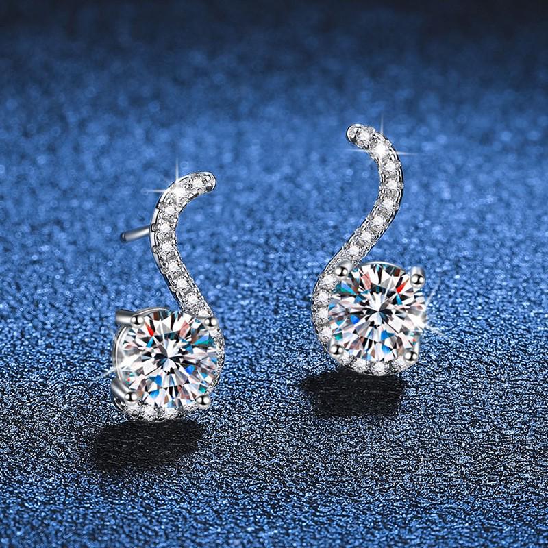 S925 Sterling Silver Moissanite S-shaped Stud Earrings - Light Luxury European & American Style for Women