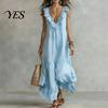 Versatile Daily Wear Dress Women's Deep V Neck Ruffle Trim Maxi Dress, Sleeveless Loose Lightweight Polyester Flowy Beach Sundress, Summer Casual