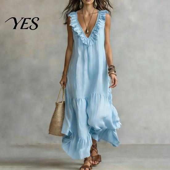 Versatile Daily Wear Dress Women's Deep V Neck Ruffle Trim Maxi Dress, Sleeveless Loose Lightweight Polyester Flowy Beach Sundress, Summer Casual