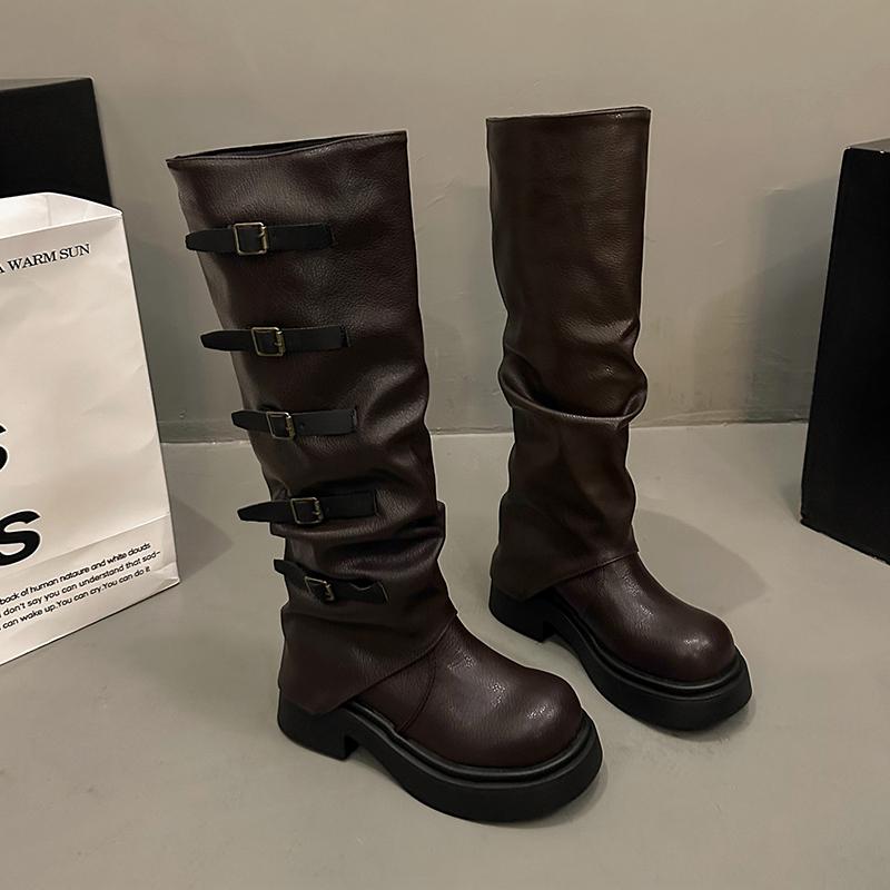 

Модные осенне-зимние винтажные слипоны женские рыцарские сапоги модная пряжка-ремень женские лаконичные ботильоны до колена 35 коричневый