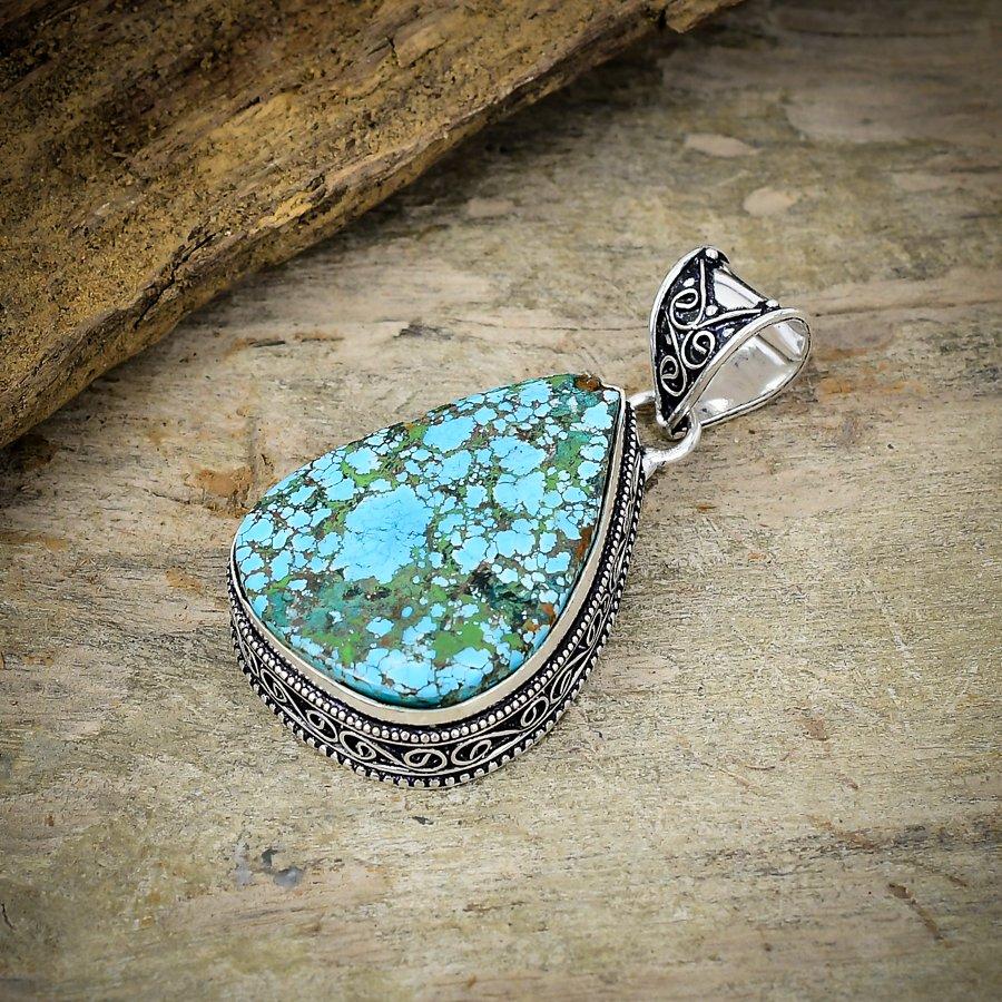 Tibetan Turquoise Gemstone 925 Sterling Silver Jewelry Pendant 2.13" M-160