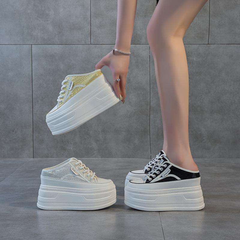 12CM Women's Thick Bottom Sneakers Summer New Style Breathable Slippers Leather Sport Casual Slip-On Shoes Comfortable All-Match