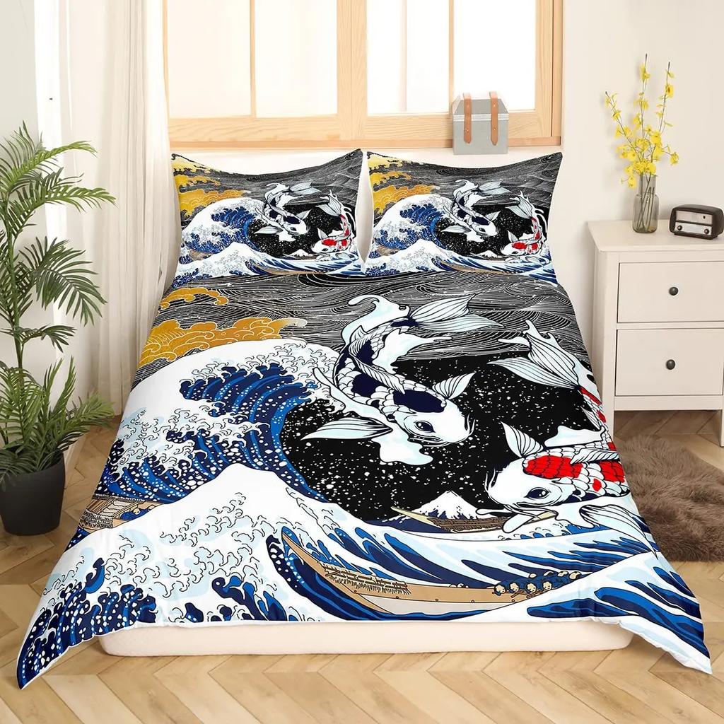 Japanese Wave Duvet Cover Set Sea Storm In Japan Traditional Drawing Foamy WavesBedding Set Full SizeEarth Yellow Dark Blue