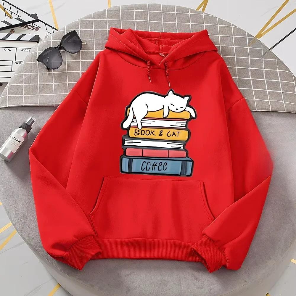 White Cat Sleeping on A Pile of Books Hoodie Women Novelty Fashion 2D Hoody Loose Oversized Basic New Casual Daily Autumn Hoodie