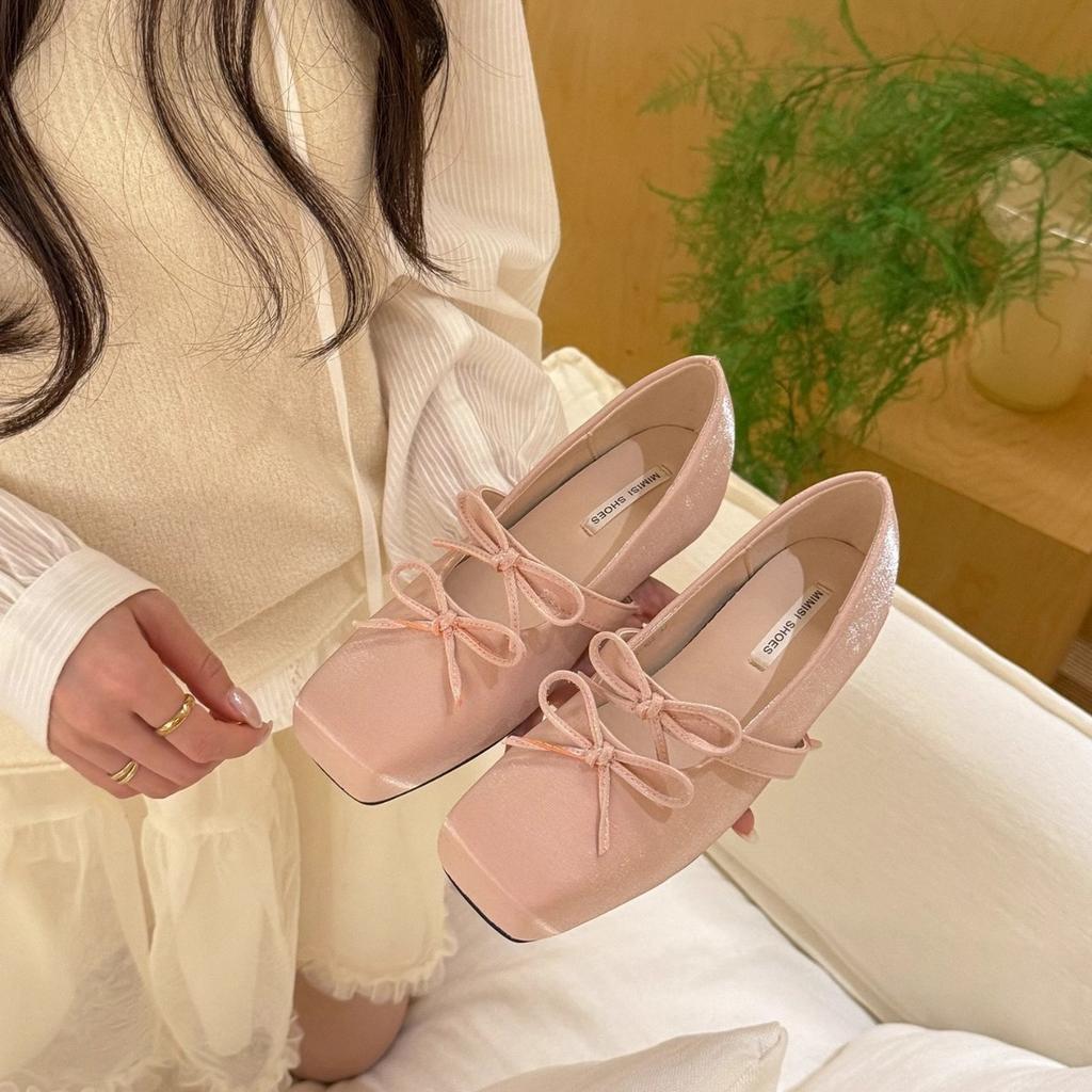 Fairy Style Bow Square Head Mary Jane Single Shoes Women's 2025 New Shallow Mouth Inner Flat Bottom Temperament Single Shoes