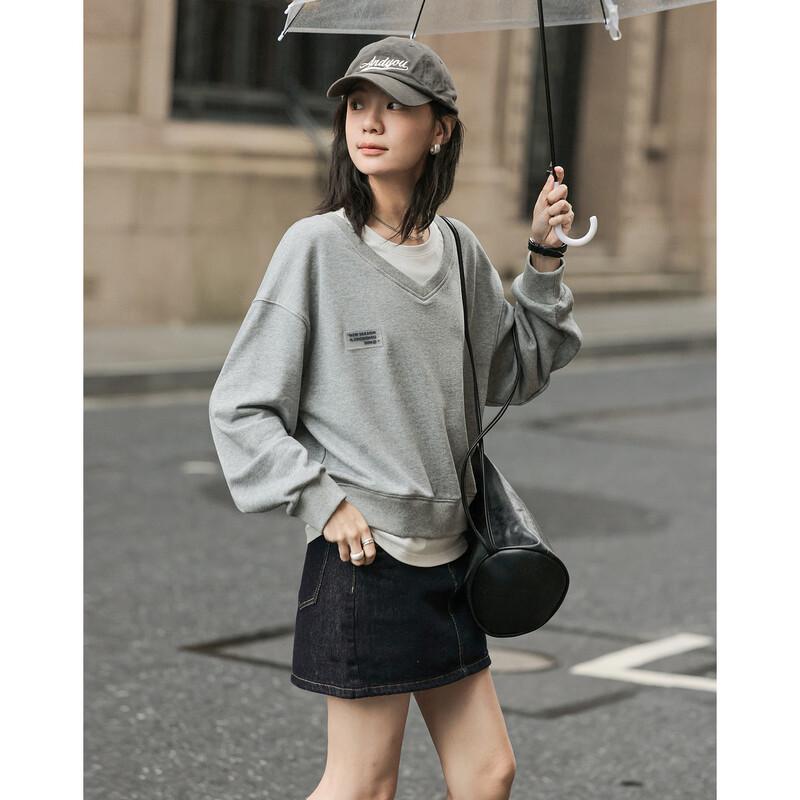 Demana Women's Color Block Faux Two-Piece Spliced Round Neck Sweatshirt