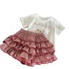 2025 Korean Style Cartoon Print T-shirt & Gingham Skirt Set for Girls - Summer Trendy Two-Piece Children's Clothing