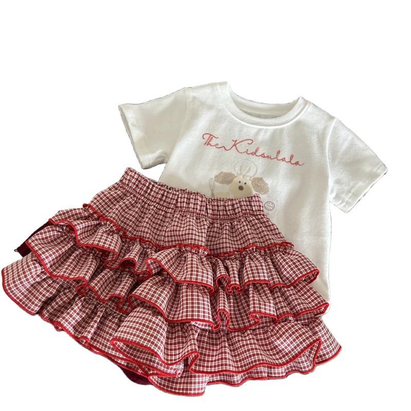 2025 Korean Style Cartoon Print T-shirt & Gingham Skirt Set for Girls - Summer Trendy Two-Piece Children's Clothing