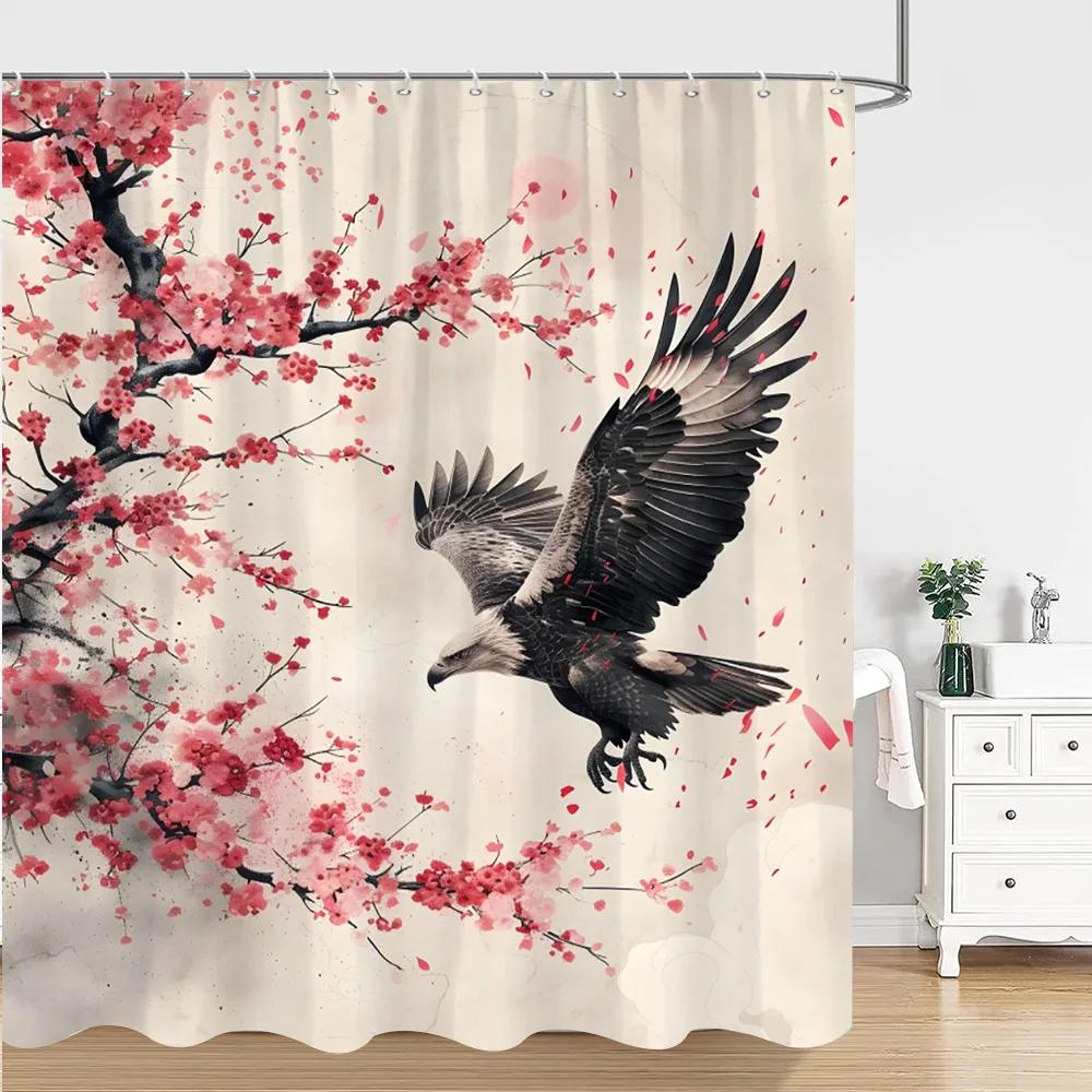 Chinese Japanese Ink Painting Shower Curtain Red Plum Blossom Art Painting Retro Style Polyester Shower Curtains Bathroom Deco