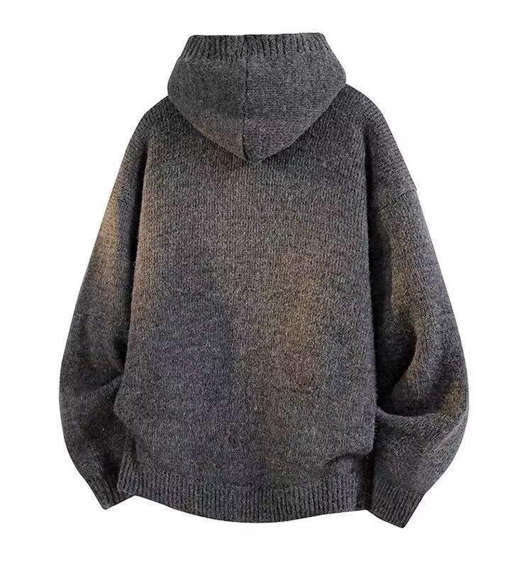 2025 Men's & Women's Dark Gray Hooded Knit Cardigan - American Style Casual Sweater for Autumn & Winter.