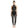 Women Gymnastics Unitard Halter Backless Sequin Bodice Hollow Out Waist Sheer Mesh Leggings Built-in Briefs Rompers Jumpsuit for Competition Stage