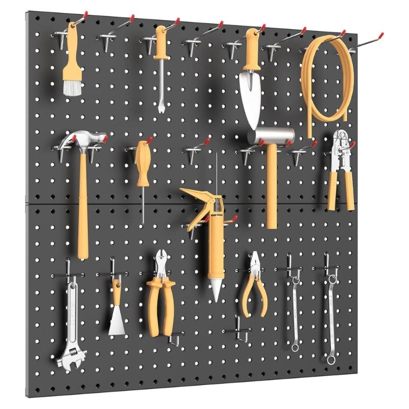 Set of 2 Rusts Resistant Metal Pegboard Wall Panels With Pre Drilled Holes For Wall Mounted Tool Accessories Organizers