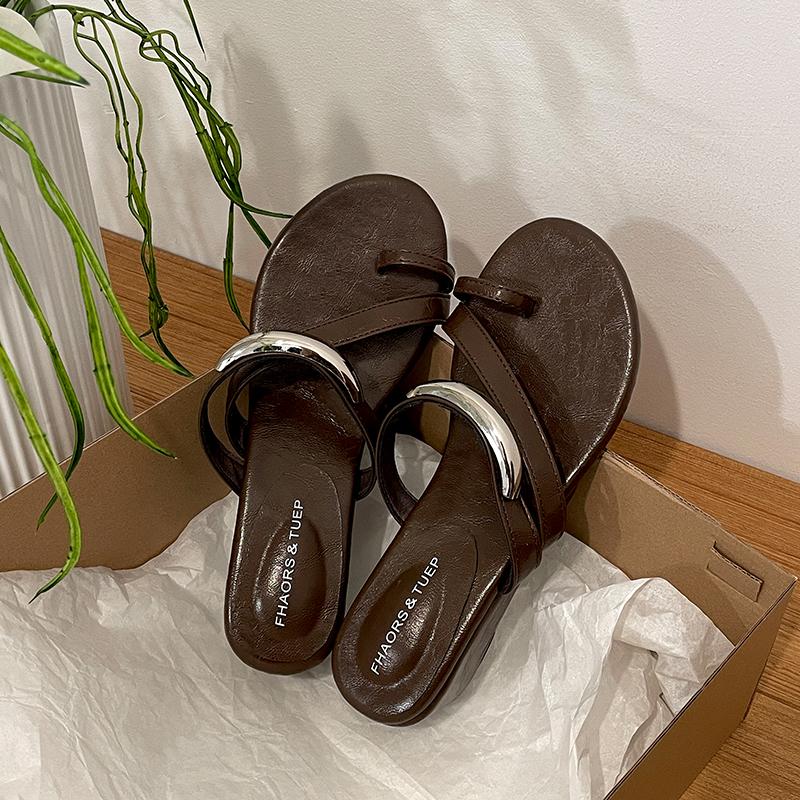 Summer Clip Toe Wedges Heel Women Slippers Fashion  Metal Buckle Female Outdoor Party Dress Slides Shoes