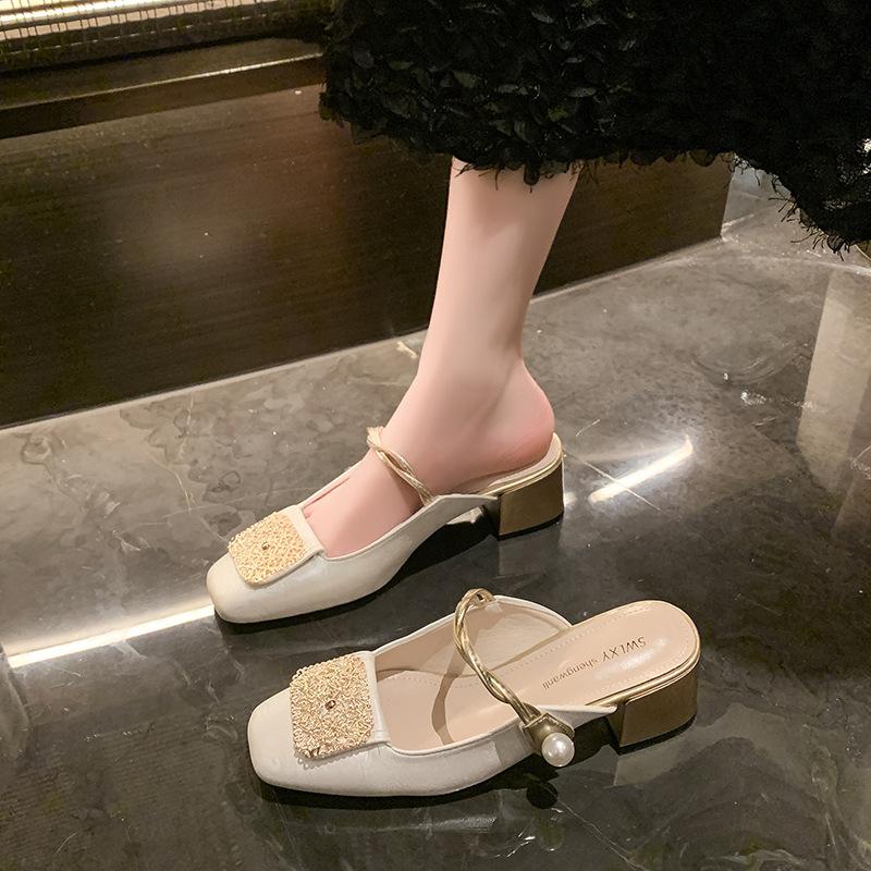 Baotou Half Slippers Women with Spring and Summer Chinese Mary Jane Slippers Rear Empty Thick Heels Cool Slippers Women