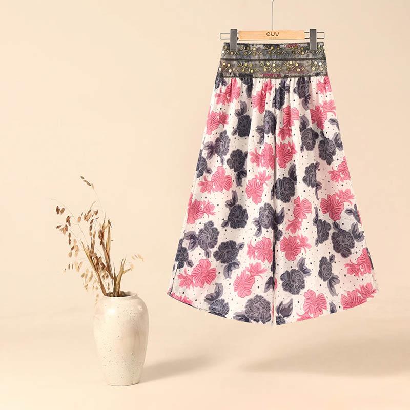 Hemp Wide-legged Pants Women Thin Simple Elastic Waist Versatile Casual Pants Seven Pants