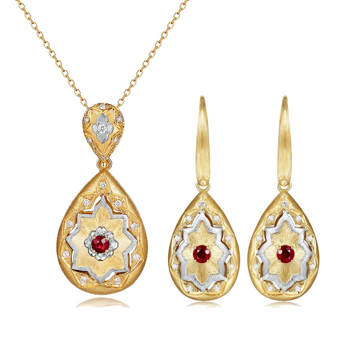 

Italian Vintage Handmade Ruby Pendant & Red Diamond Earrings Necklace Set for Women