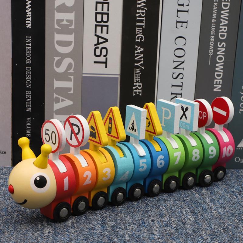 Wooden Caterpillar Train Puzzle Early Education Enlightenment Velcro Connect Traffic Train Toy
