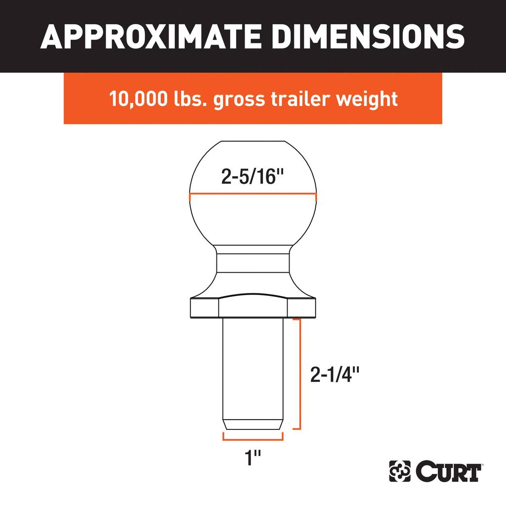 CURT 40007 Chrome Trailer Hitch Ball, 10-Pound, 2-5/16" Diameter, 1 X 2-1/4" Shank