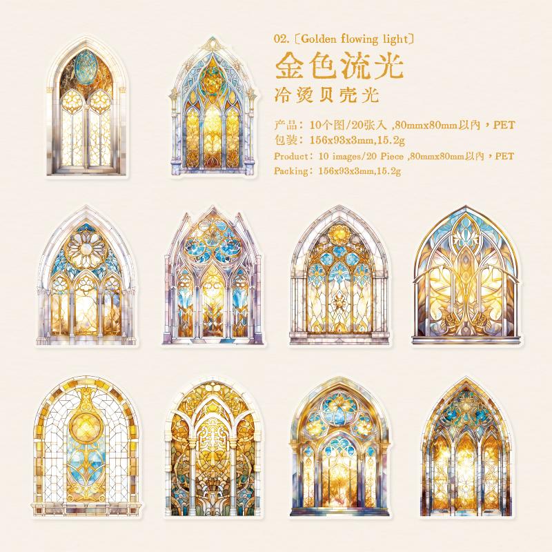 6 style 20pcs Colorful Glass Flower Window Theme Hot Stamping PET Sticker DIY Handmade Materials Scrapbook Background Decoration