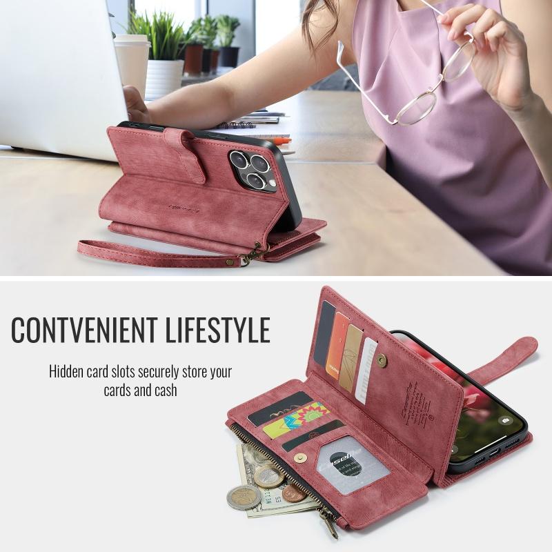 Zipper Wallet Card Phone Case For iPhone 17 Air 16E 16 Pro Max 15 Plus 14 12 13 11 XS XR X Lanyard Leather Flip Purse Cover Etui