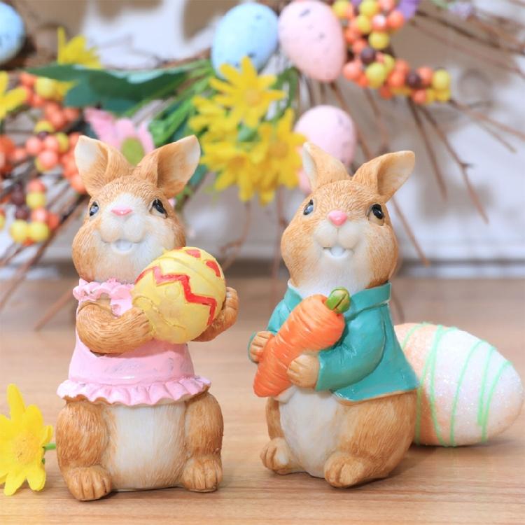 2Piece Easter Bunny-Decorations Easter Resin Rabbit Statue Ornaments Tabletop