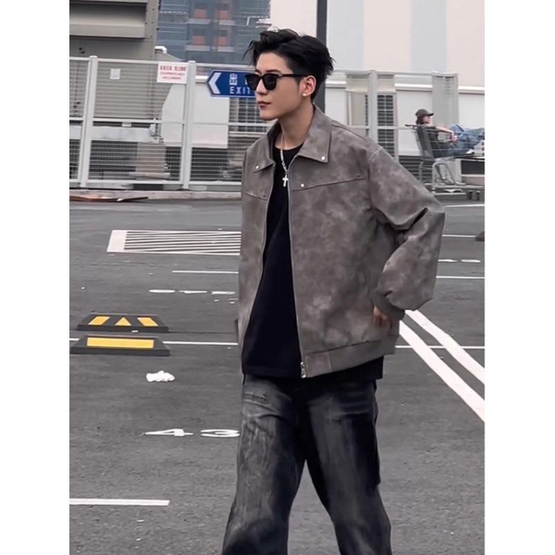 Cleanfit gray short leather jacket American ruffian handsome high-end men's vintage lapel locomotive leather jacket