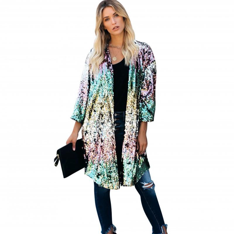 

European & American Style Colorful Sequin Street Style Women s Cardigan Windbreaker Jacket L