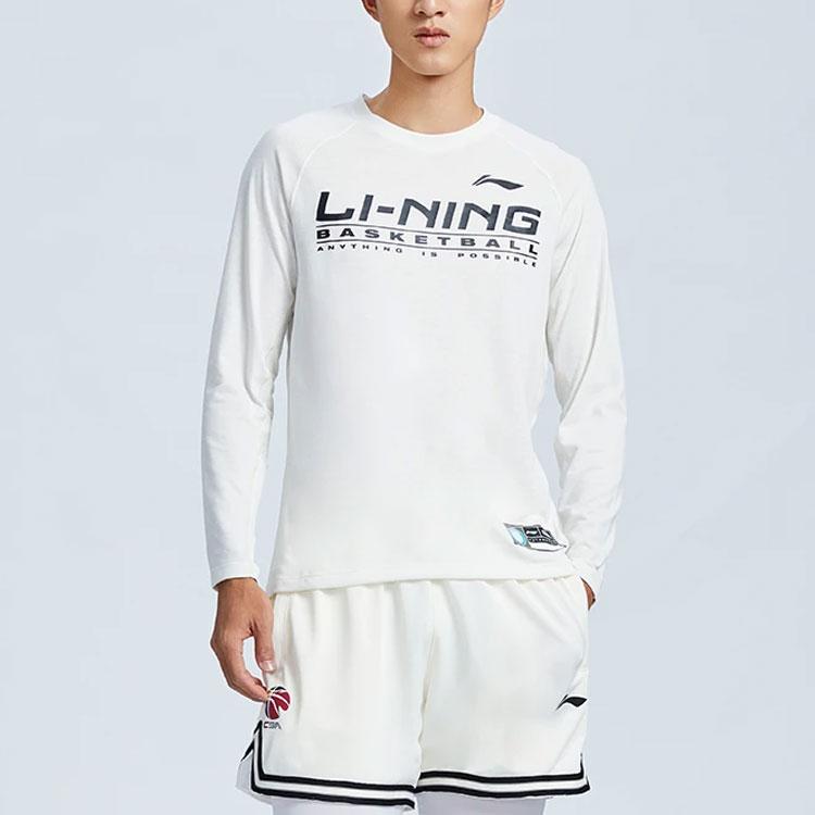 Li Ning CBA Sports Basketball Series Logo Print Crew Neck Pullover Long Sleeve T-Shirt Men Tops White ATLR099-1