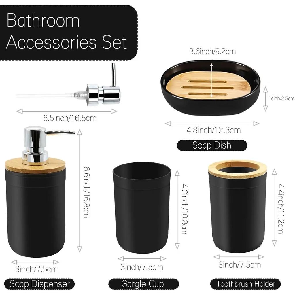 4-piece Black Bathroom Accessories Set Plastic Toothbrush Holder with Bamboo Cover Toothbrush Cup Lotion Dispenser Soap Box