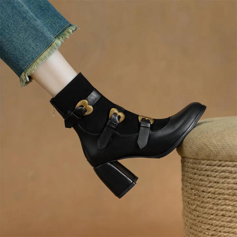 Plus Size 33-52 Women's Retro Black Ankle Boots Modern Lady Boots Block High Heels Belt Buckle Straps Office Lady Shoes