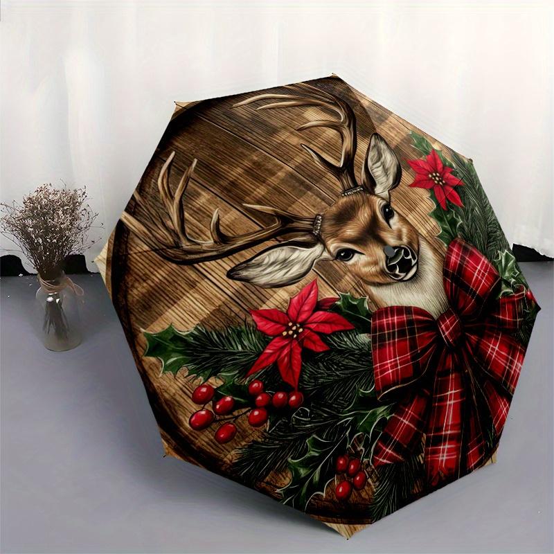 Christmas Deer Plaid Bow Wreath Wood WallArt DecorUmbrella, Portable 3-Fold Compact Umbrella for Men & Women Gift