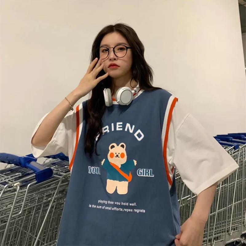 Bear Short-sleeved Basketball Uniform Fake Two Neutral Wind Loose Design Sense Niche T-shirt Trend Top