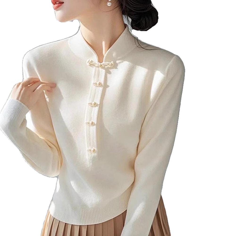 Women's Spring 2025 Chinese Buttoned Sweater - Stand Collar, Versatile National Style