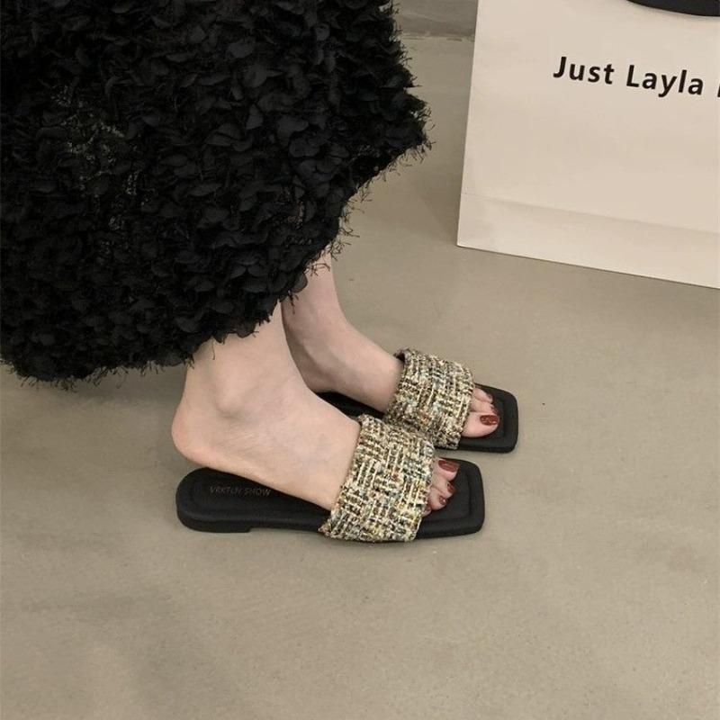 Fashion 2025 Flat Slippers Women's New Summer Square Head Woven Seaside Holiday Beach Shoes Non-slip Open-toe Large Size Women's Shoes