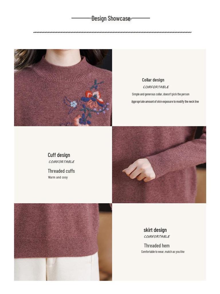 High-Grade Wool Sweater: Semi-High Collar, Fashionable Embroidery, Thick Knit for Middle-Aged/Elderly Women, Winter Warmth.
