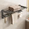Wall Mounted Foldable Towel Rack Bathroom No Drilling Space Saving Aluminum Bar With Hooks