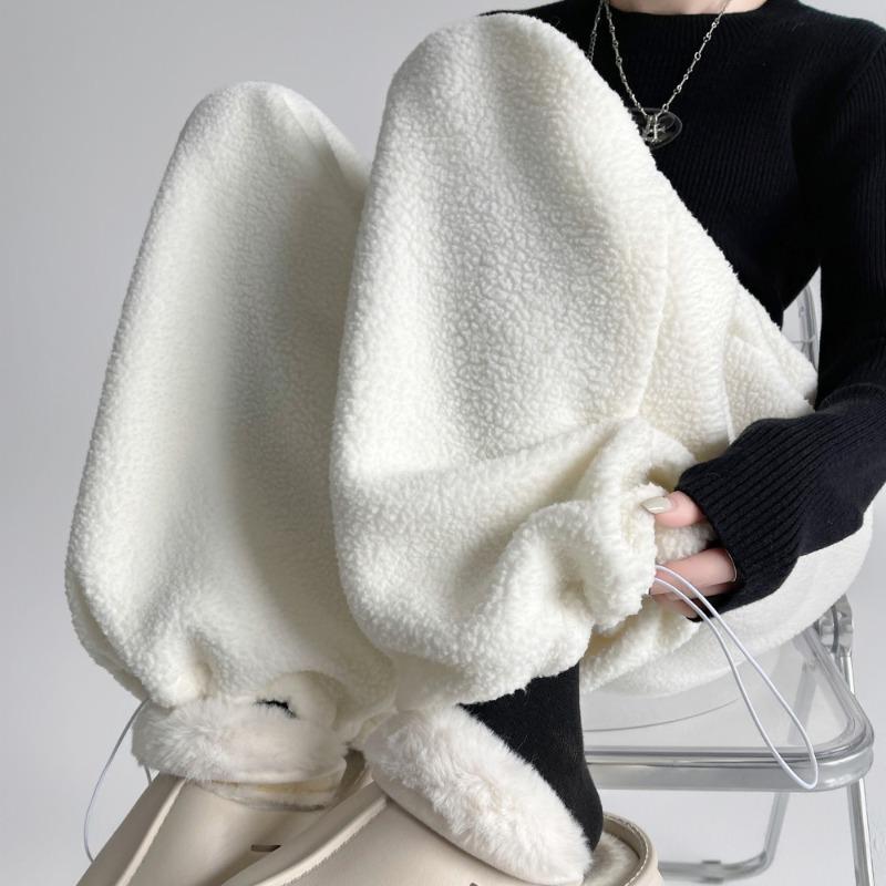 Double-sided Fleece Lazy Loose Soft Waxy Wide-leg Pants Women's Winter Tied Feet High Waist Loose Straight Sports Casual Pants