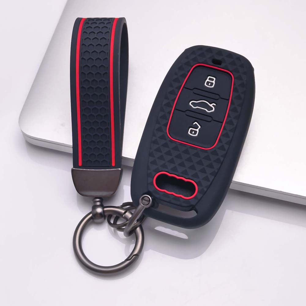 Silicone Car Key Case Cover with Wrist Keychain for A6 A7 A8 E Tron Q5 Q7 Q8 C8 D5 Protective Car Remote Key Holder