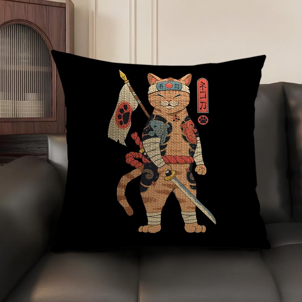 Japanese Style Samurai Cat Cushion Cover Natural Linen Organic Fabric DoubleSided Printing Sofa Home Decor Gift Pillow Case