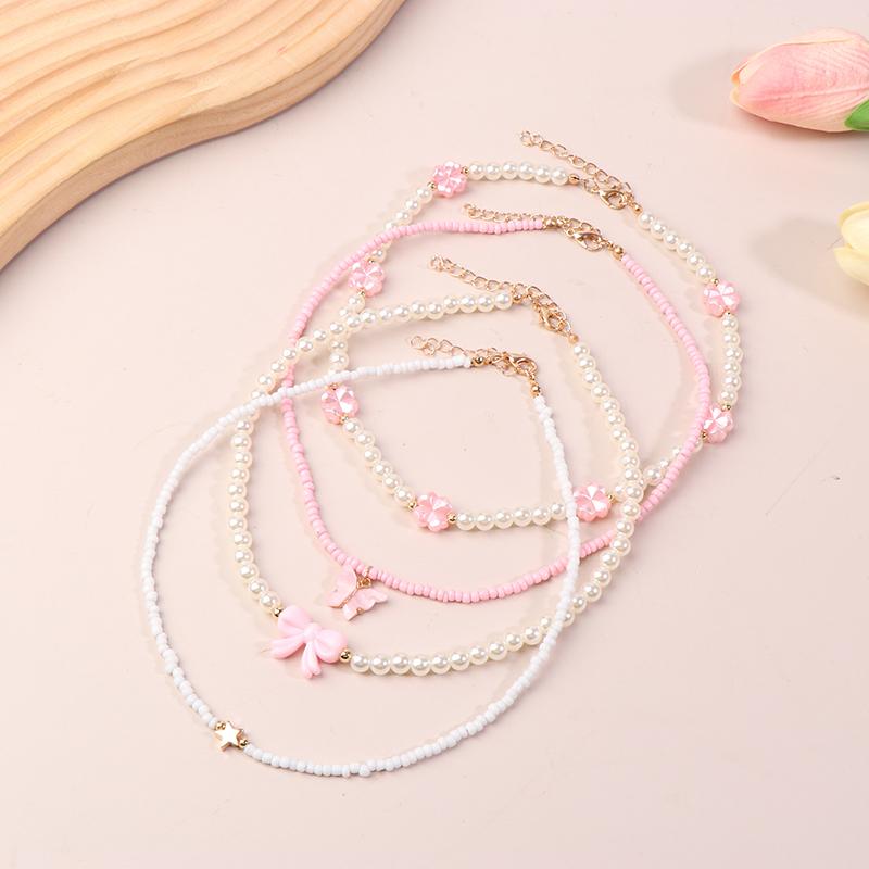 4Pcs/Set Jewelry Pink Love Butterfly Pendant Imitation Pearl Rice Beads Handmade Beaded Children Necklace Friend Gift