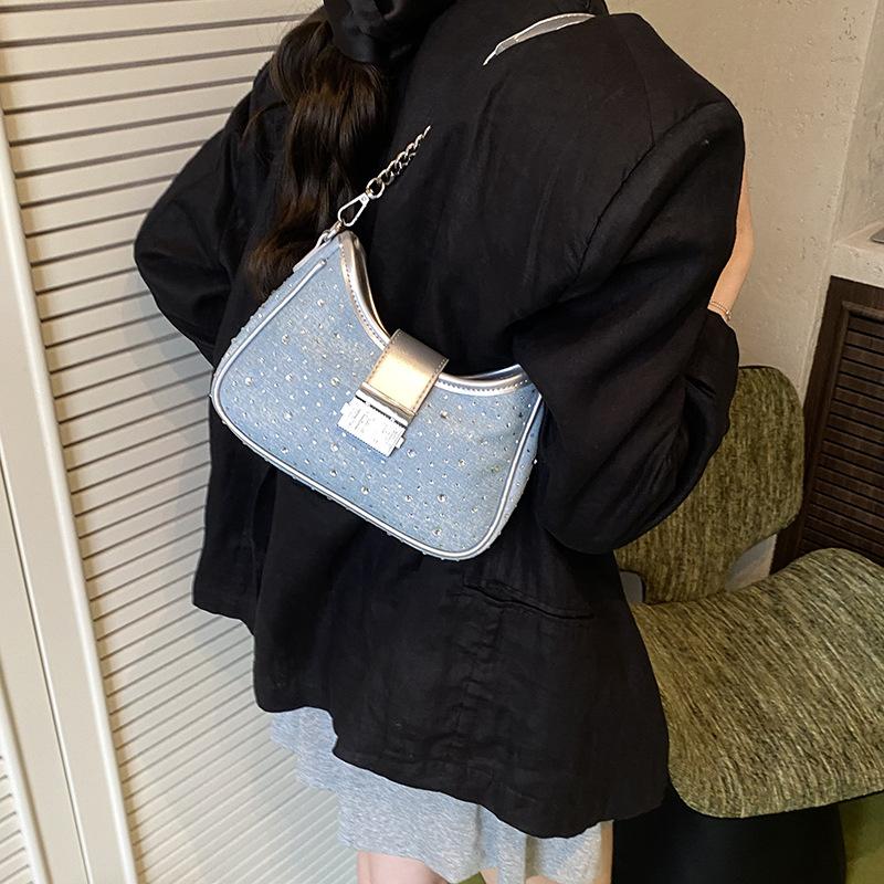 Chain Niche Bright Diamond Bag Women's New Fashion Versatile Messenger Bag Denim Shoulder Armpit Bag