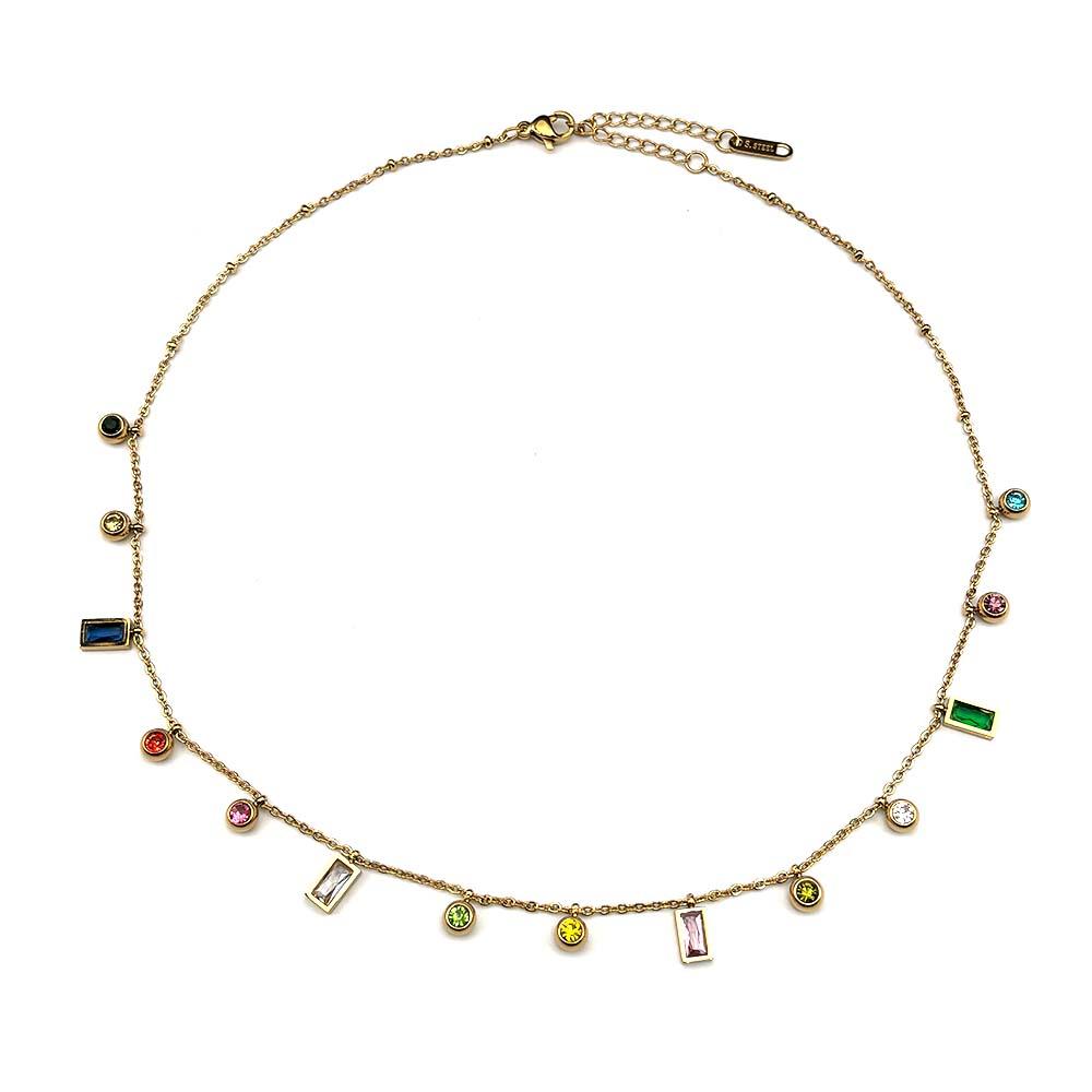Fashion Round Rectangle Colorful Geometric Zircon Pendant Chain Necklace Choker For Women Stainless Steel Temperament jewelry