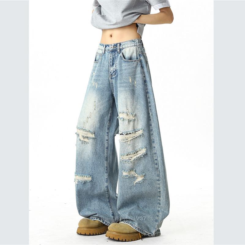 Retro blue ripped jeans men's summer thin washed old ripped pants American high street straight pants