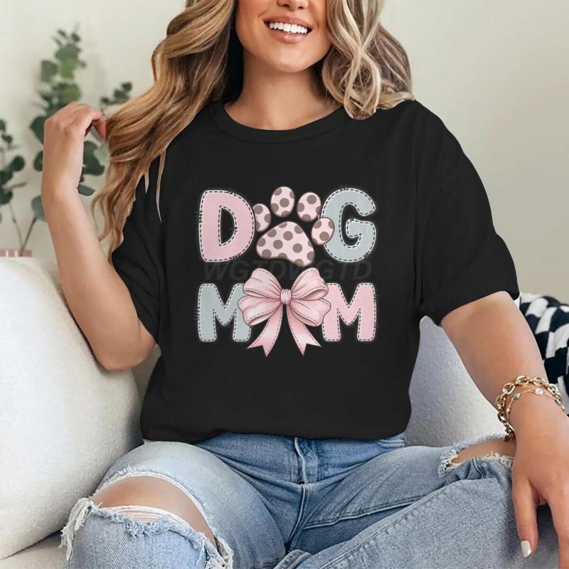 Dog Mom Graphic Crew Neck T-Shirt For Women CasualTee With Short Sleeves Pink Bow Paw Print Design Perfect For Mother's Day