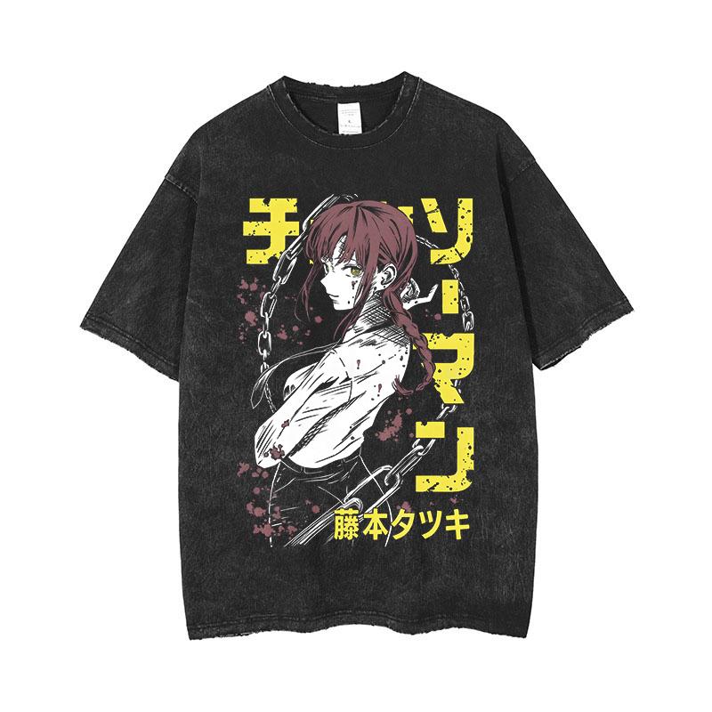 Anime Chainsaw Man Makima Cool Bedrucktes T-Shirt für Herren und Damen Gewaschenes T-Shirt Hohe Qualität Vintage T-Shirt Harajuku Top